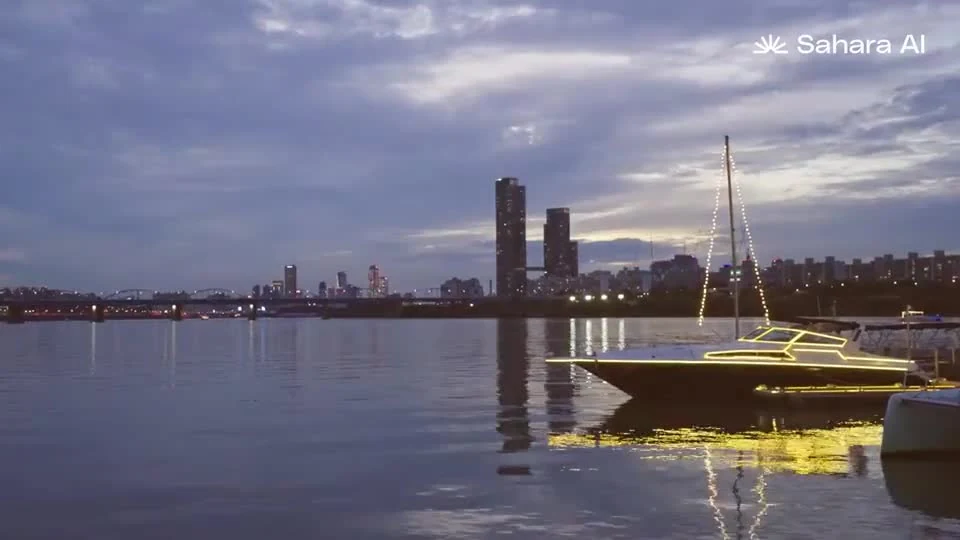 Sahara AI, Seoul event setting; frame from the archived IUM project film. Source: https://iumlabs-web.vercel.app/media/home-video/sahara.mp4