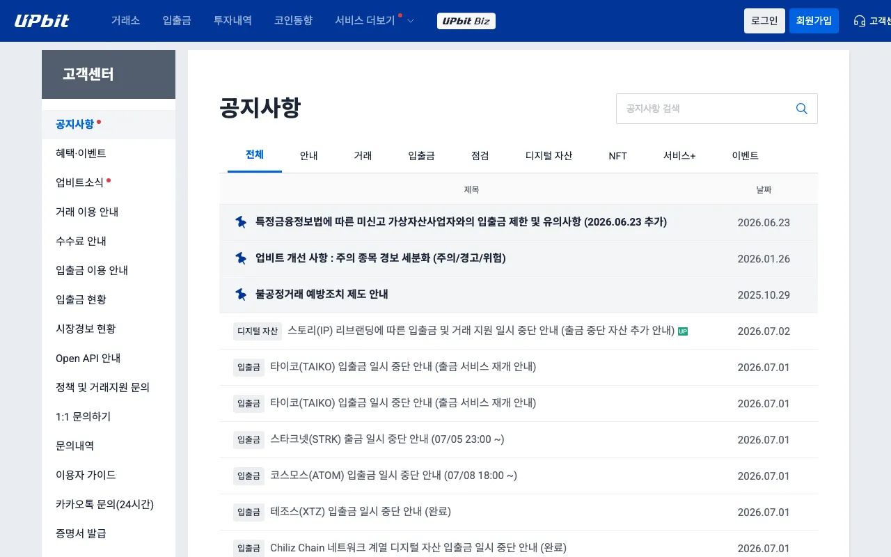 Upbit official notice board in early July 2026 listing deposit, withdrawal and trading-support notices